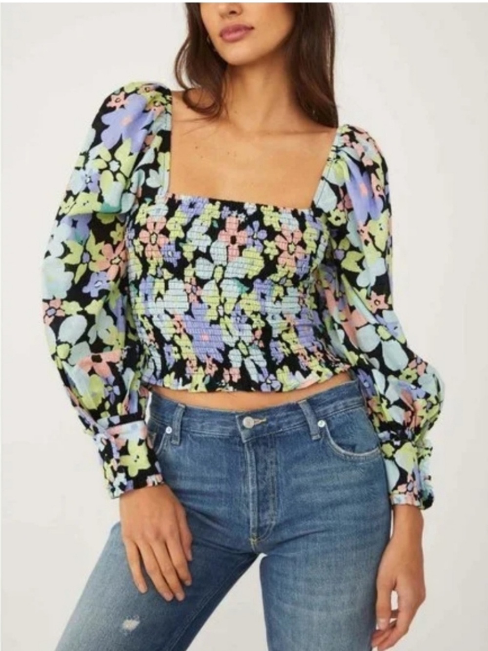 New Free People Black Floral Ariana Print Smocked Puff-Sleeve Crop Top Size XS